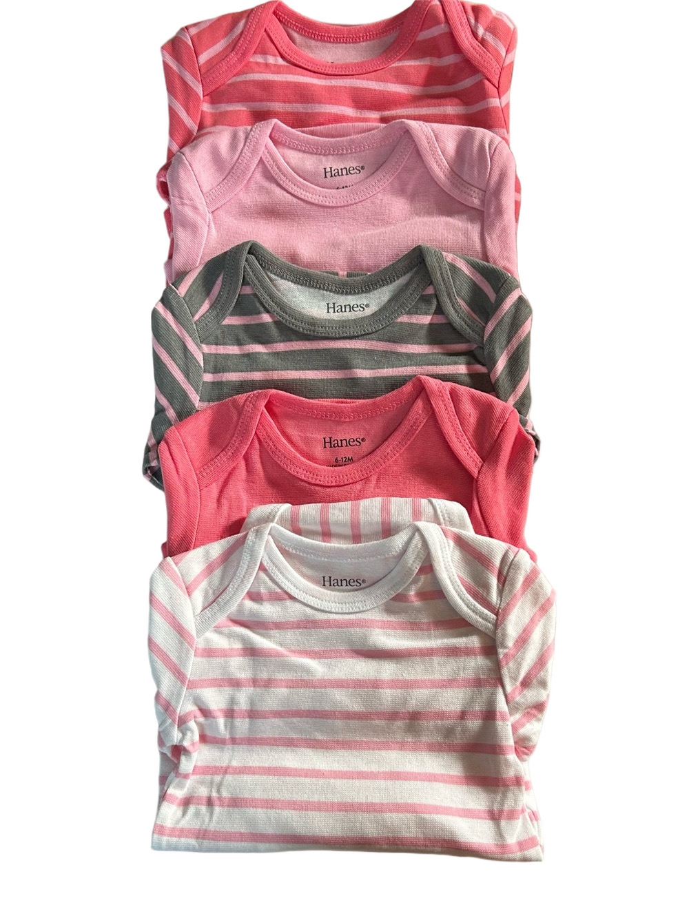 Hanes Girls Pink, Light Pink & Gray Striped + Solid Bodysuit 5-Pack